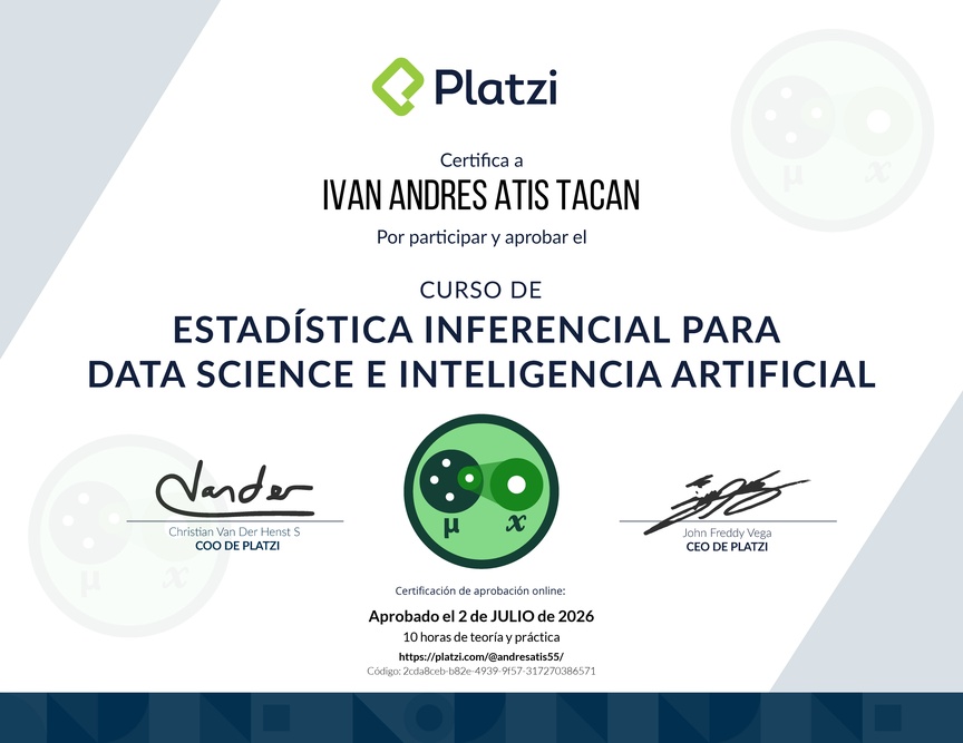 Diploma del Curso de Estadística Inferencial para Data Science e Inteligencia Artificial