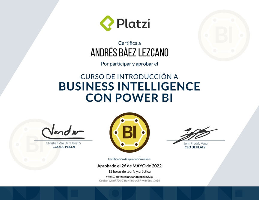 Diploma del Curso de Introducción a Business Intelligence con Power BI