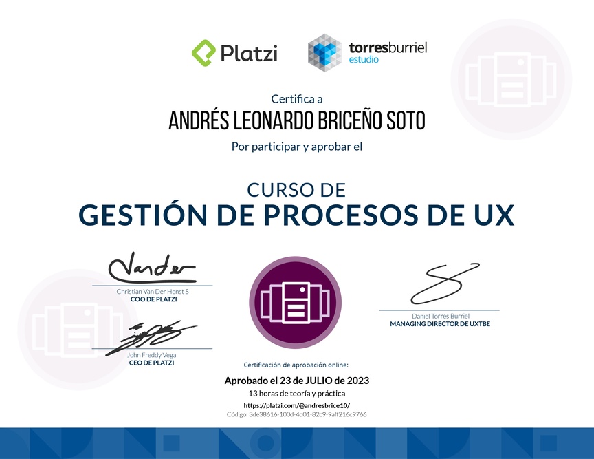 Diploma del Curso de Gestión de Procesos UX