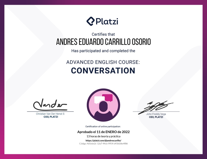 Diploma del Curso de Inglés Avanzado: Conversación 2020