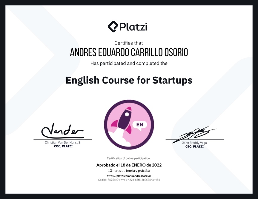 Diploma del Curso para Startups en Inglés (2021)