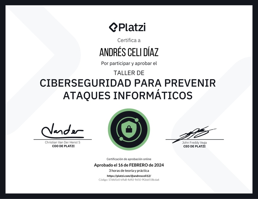 Diploma del Curso de Introducción a Ciberseguridad: Prevención de Ataques Informáticos