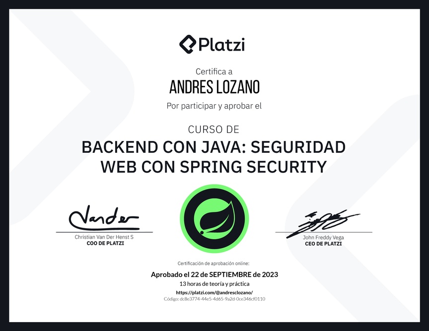 Diploma del Curso de Java Spring Security: Autenticación y Seguridad Web