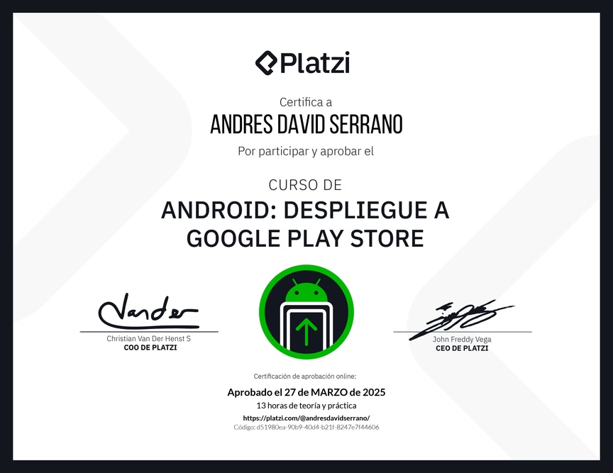 Diploma del Curso de Android: Despliegue a Google Play Store