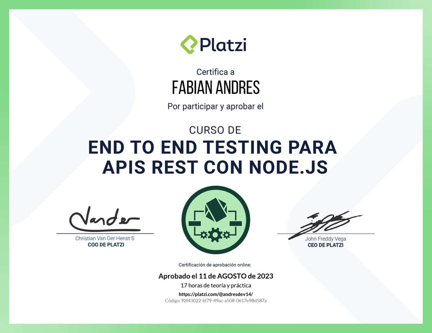 Diploma del Curso de End to End Testing para APIs REST con Node.js