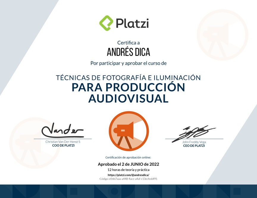 Diploma del Curso de Iluminación y Fotografía para Producciones Audiovisuales
