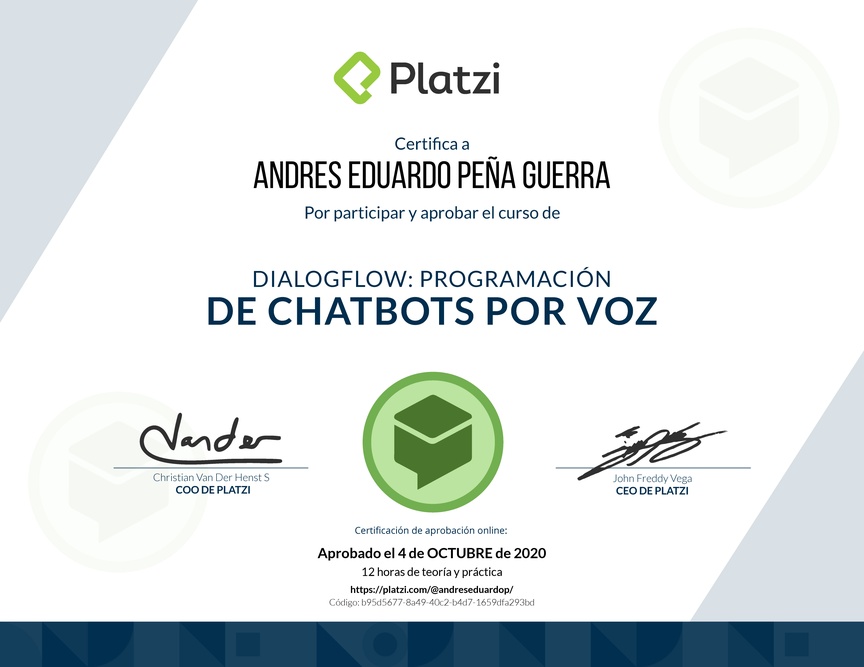 Diploma del Curso de DialogFlow: Programación de Chatbots por voz