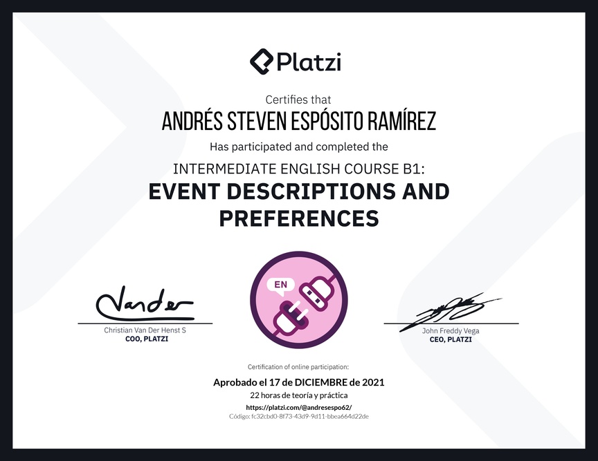 Diploma del Curso de Inglés Intermedio B1: Descripción de Eventos y Preferencias