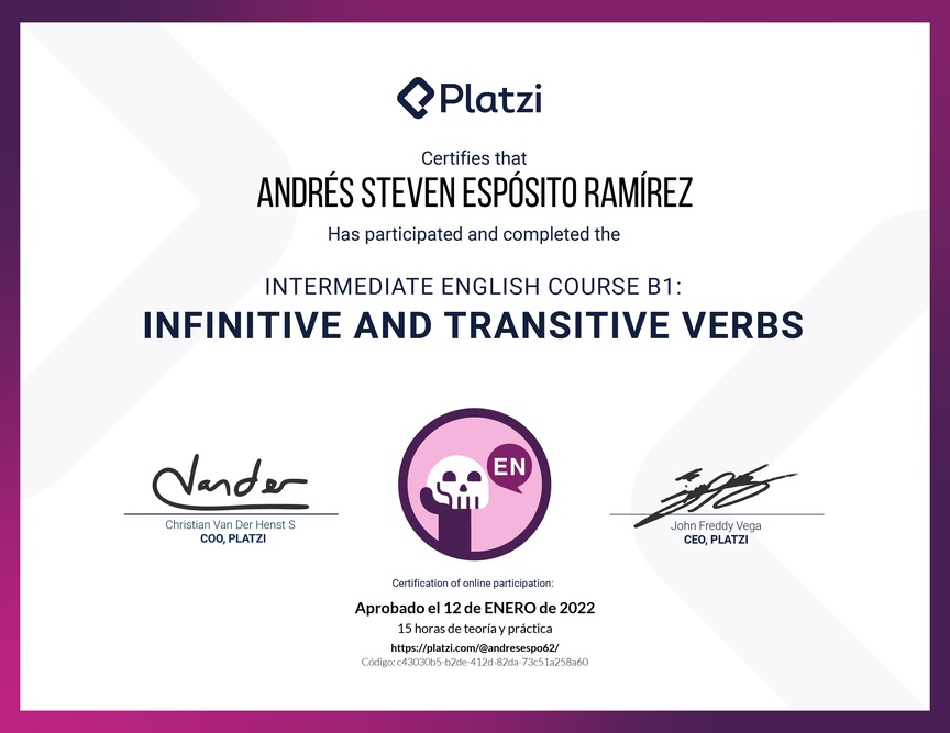 Diploma del Curso de Inglés Intermedio B1: Verbos Infinitivos y Transitivos (2021)