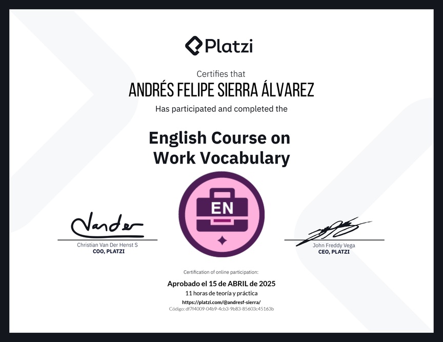 Diploma del Curso de Vocabulario en Inglés para el Trabajo
