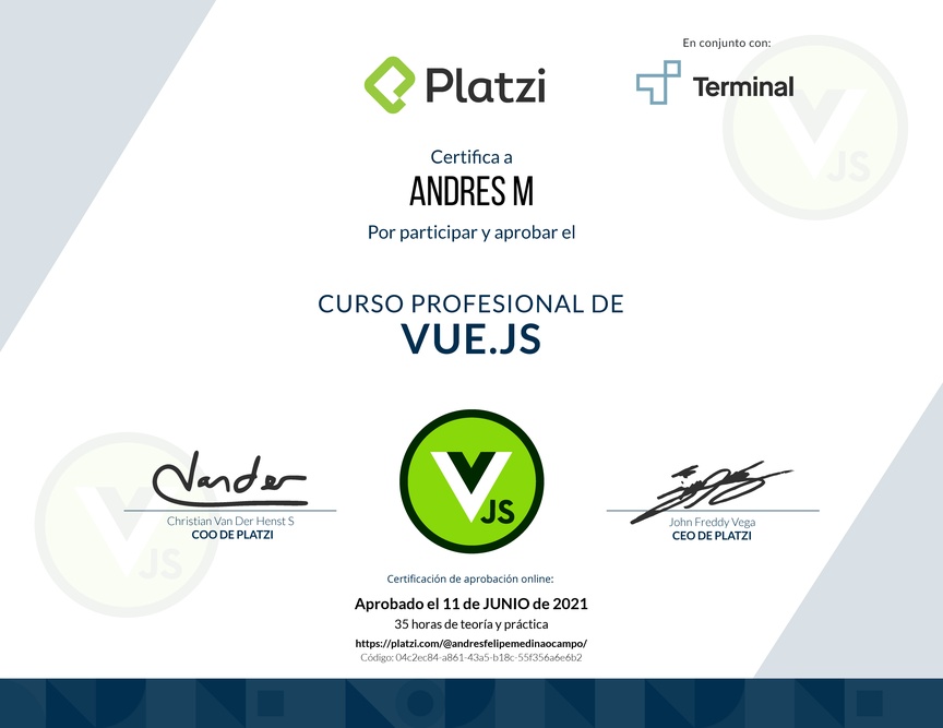 Diploma del Curso Profesional de Vue.js 2