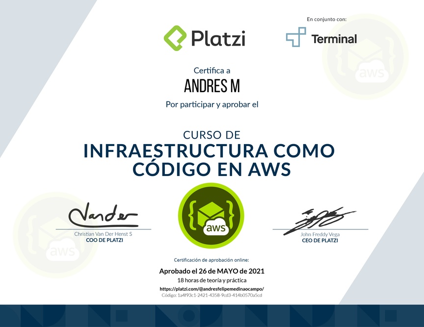 Diploma del Curso de Infraestructura Como Código en AWS