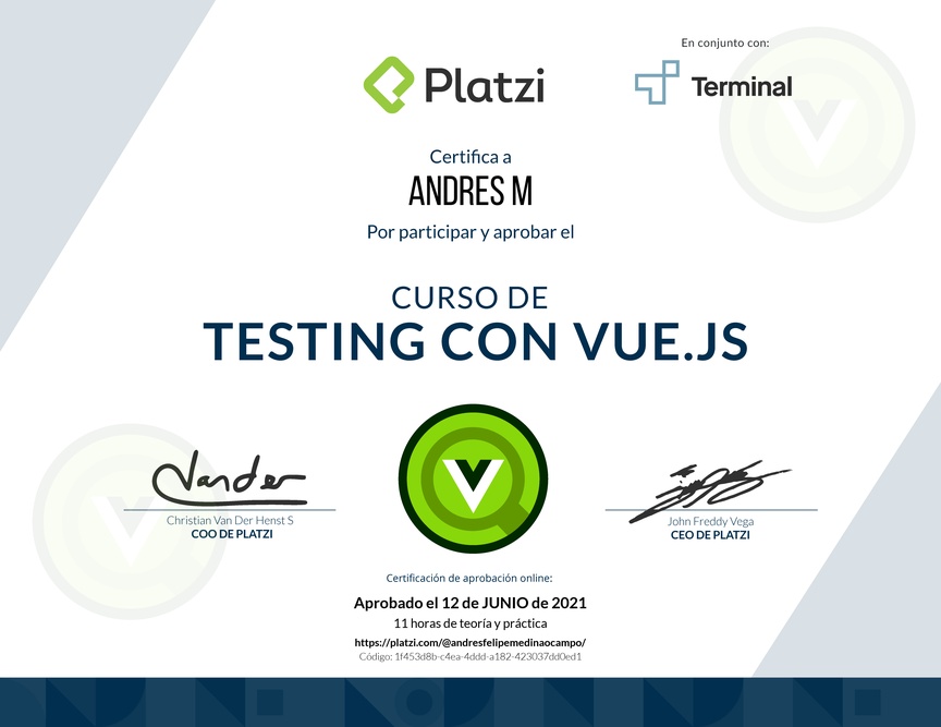 Diploma del Curso de Testing con Vue.js 2