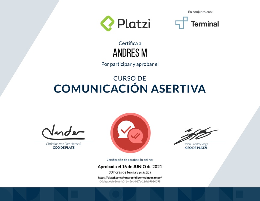 Diploma del Curso de Comunicación Asertiva para la Vida Personal y Profesional (2021)