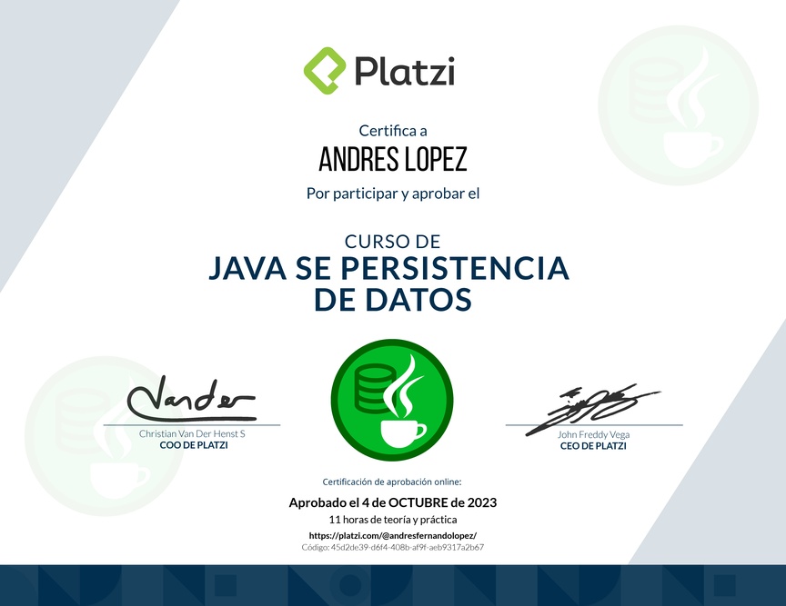 Diploma del Curso de Java SE Persistencia de Datos