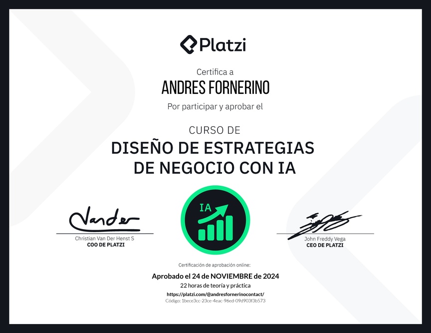 Diploma del Curso de Diseño de Estrategias de Negocio con Inteligencia Artificial: Optimización y Personalización