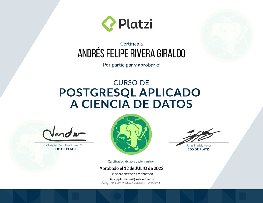 Diploma del Curso de PostgreSQL Aplicado a Ciencia de Datos