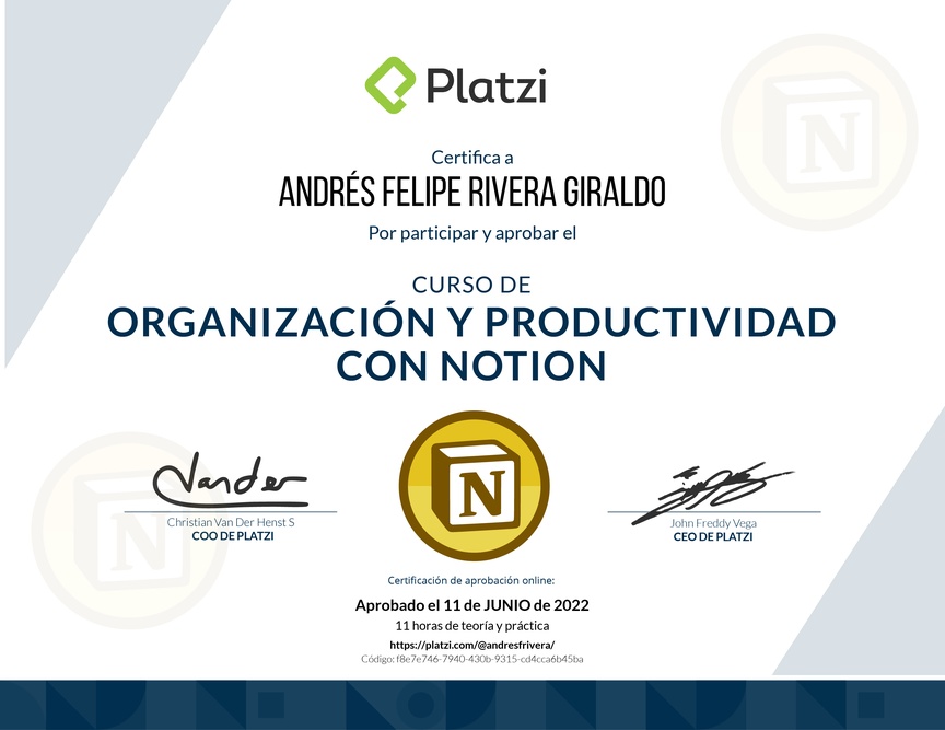 Diploma del Curso de Organización y Productividad con Notion (2021)
