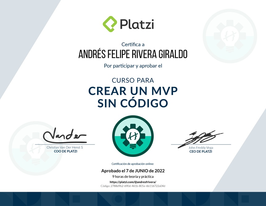 Diploma del Curso para Crear un MVP sin Código