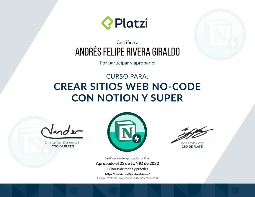 Diploma del Curso para Crear Sitios Web No-code con Notion y Super