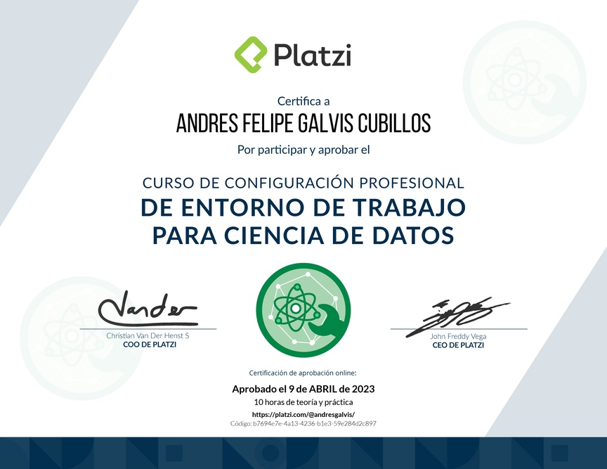 Diploma del Curso de Configuración Profesional de Entorno de Trabajo para Ciencia de Datos