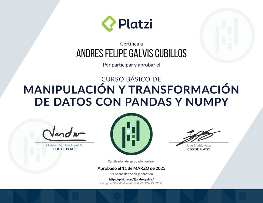 Diploma del Curso de Manipulación y Transformación de Datos con Pandas y NumPy