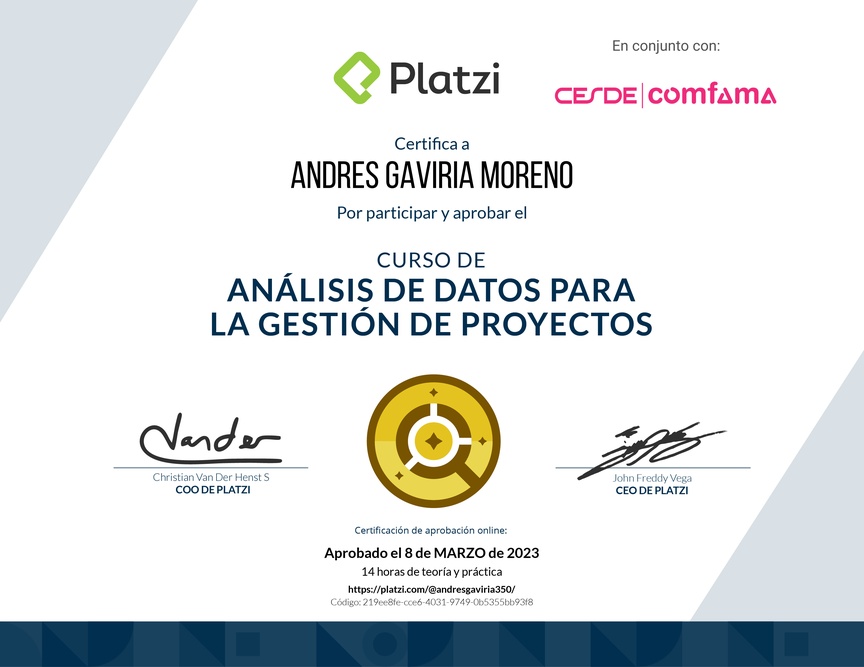 Diploma del Curso de Análisis de Datos para la Gestión de Proyectos
