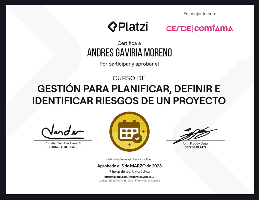 Diploma del Curso de Gestión para Planificar, Definir e Identificar Riesgos de un Proyecto
