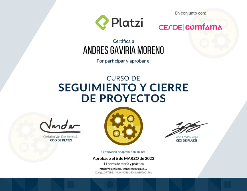 Diploma del Curso de Seguimiento y Cierre de Proyectos