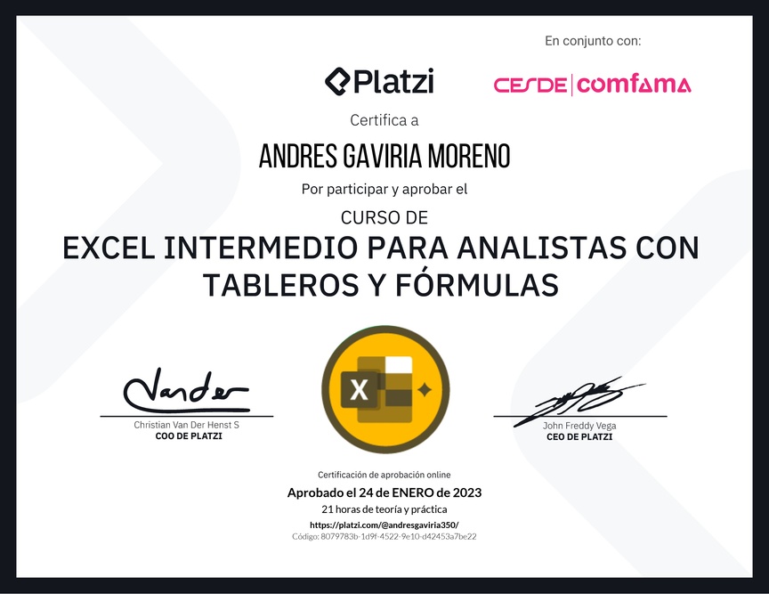 Diploma del Curso de Excel Intermedio para Analistas con Tableros y Fórmulas