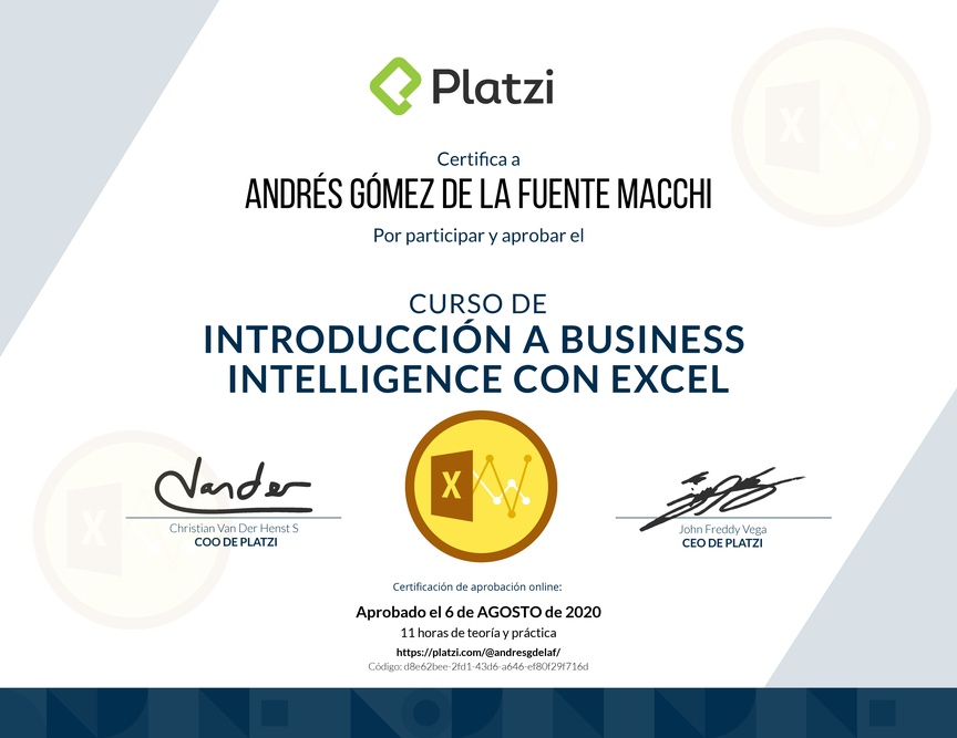 Diploma del Curso de Introducción a Business Intelligence con Excel