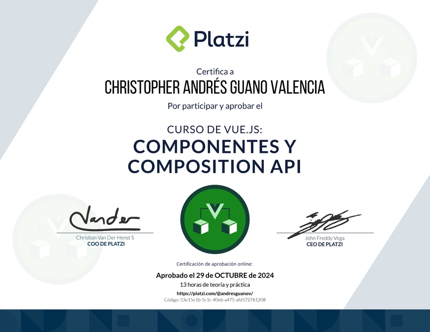 Diploma del Curso de Vue.js: Componentes y Composition API