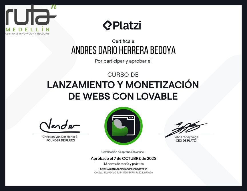 Diploma del Curso de Lanzamiento y Monetización de Webs con Lovable