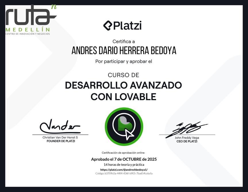 Diploma del Curso de Desarrollo Avanzado con Lovable