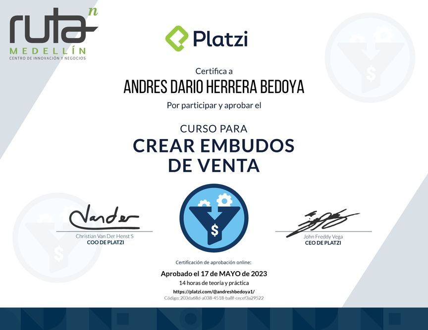 Diploma del Curso de Creación y Optimización de Embudos de Venta (2022)