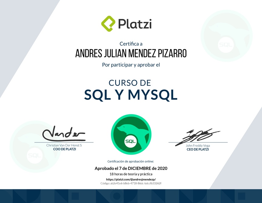 Diploma del Curso de SQL y MySQL 2018