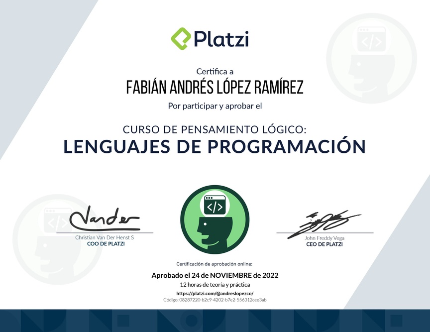 Diploma del Curso de Pensamiento Lógico: Lenguajes de Programación