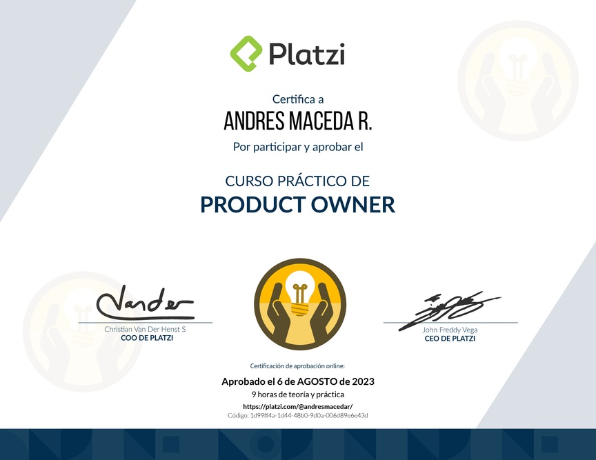 Diploma del Curso de Herramientas y Frameworks Intermedias para Product Owners