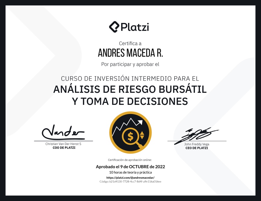 Diploma del Curso de Inversión Intermedio para el Análisis de Riesgo Bursátil y Toma de Decisiones