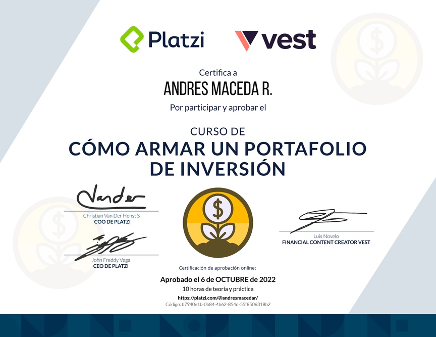 Diploma del Curso de Cómo Armar un Portafolio de Inversión con Vest