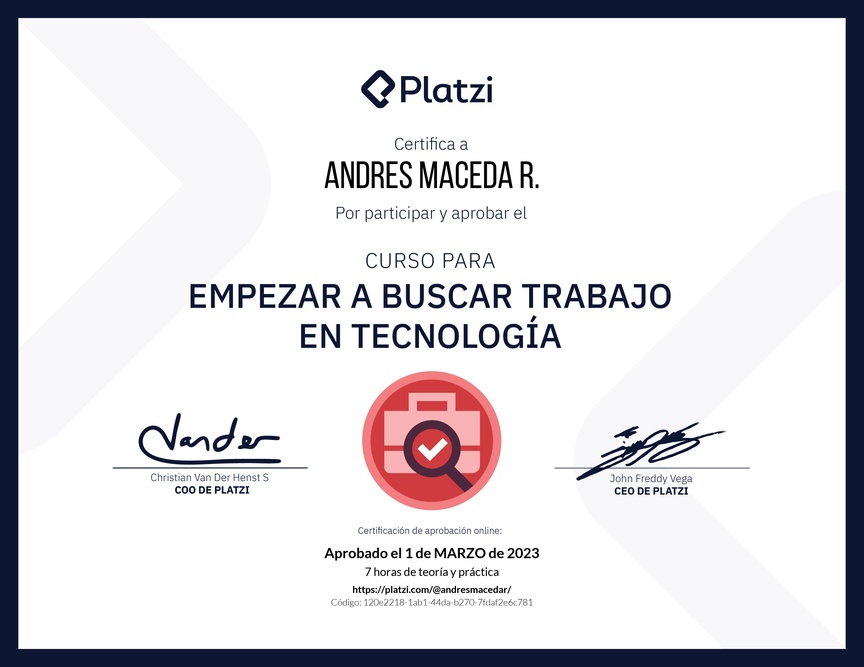 Diploma del Curso para Empezar a Buscar Trabajo en Tecnología
