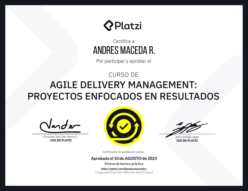 Diploma del Curso de Agile Delivery Management: Proyectos Enfocados en Resultados