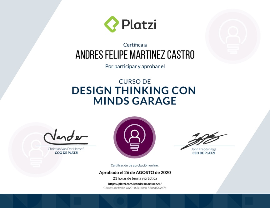 Diploma del Curso de Design Thinking con Minds Garage