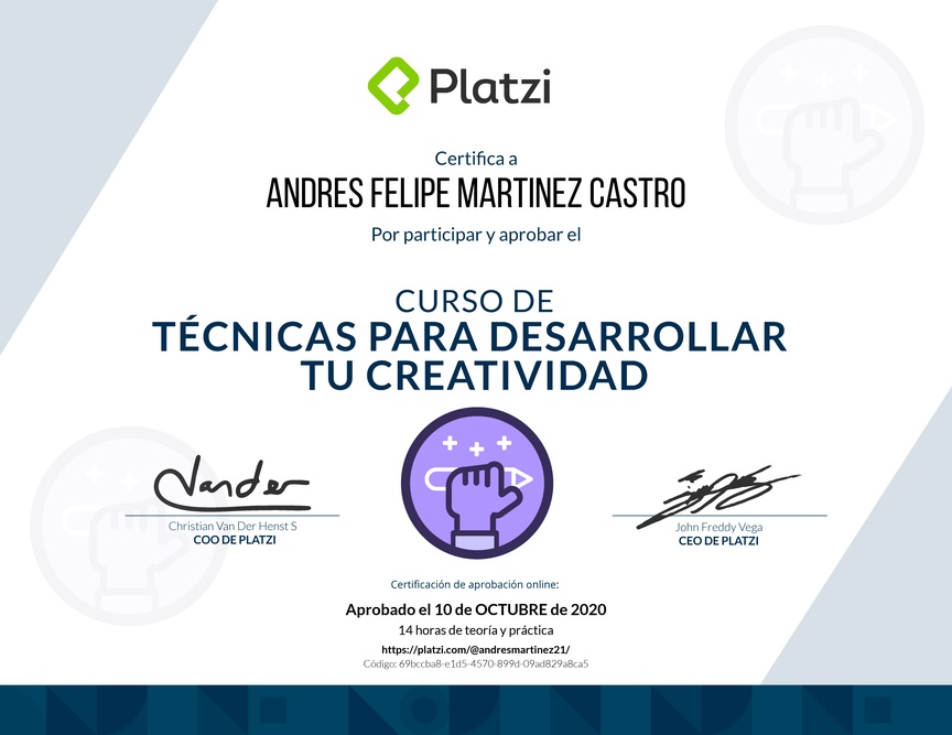Diploma del Curso para Desarrollar tu Creatividad: Técnicas y Hábitos