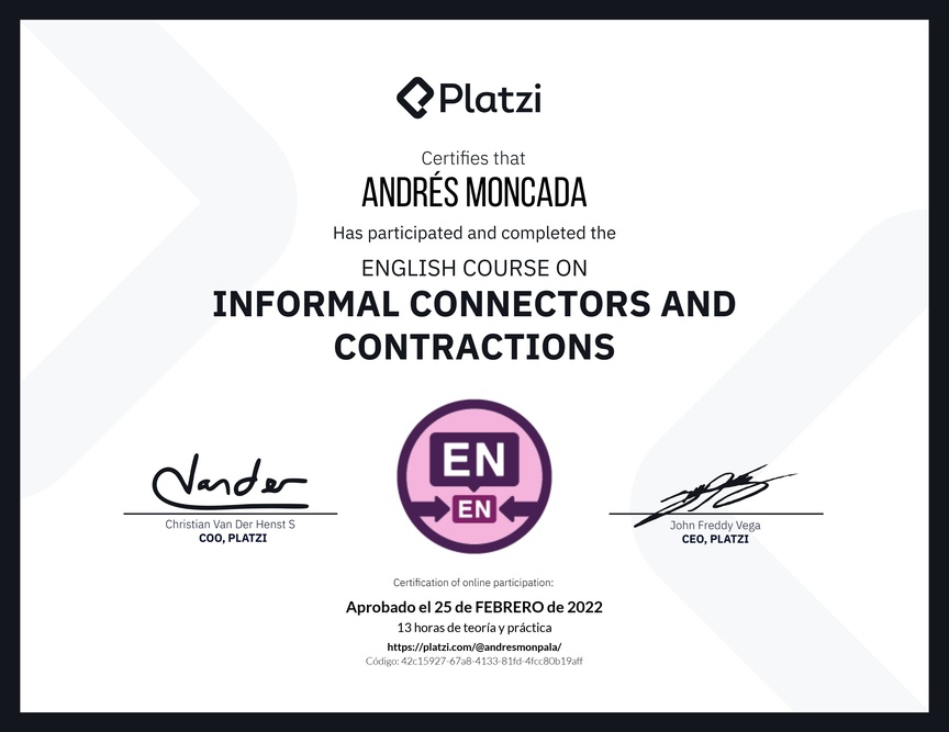 Diploma del Curso de Conectores y Contracciones Informales en Inglés