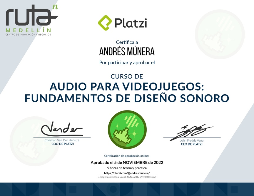 Diploma del Curso de Audio para Videojuegos: Fundamentos de Diseño Sonoro