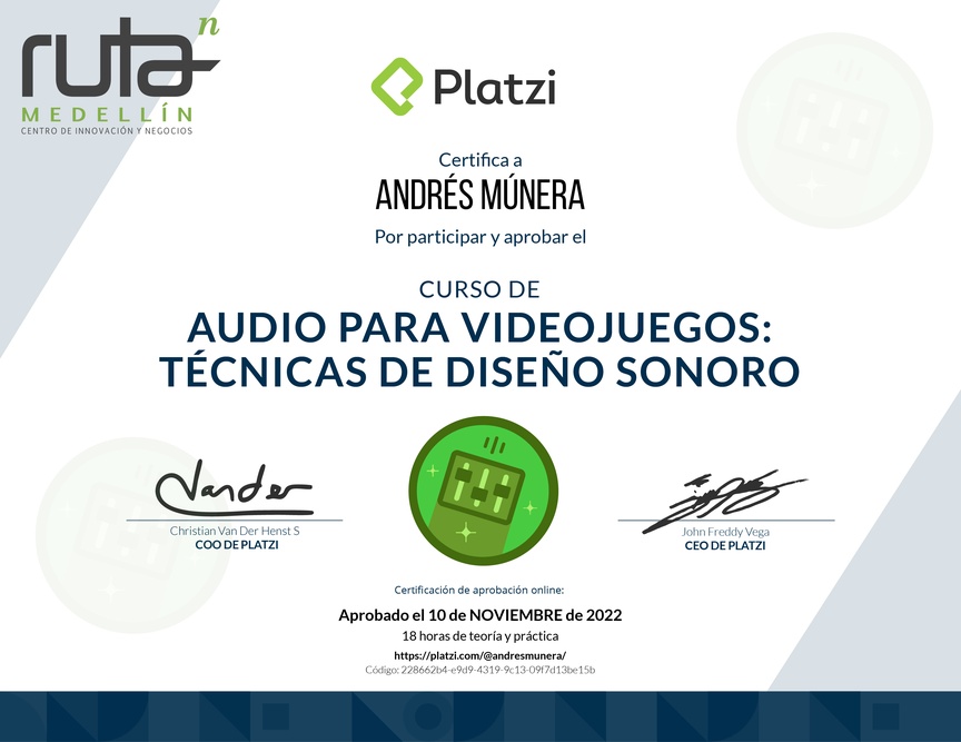 Diploma del Curso de Audio para Videojuegos: Técnicas de Diseño Sonoro