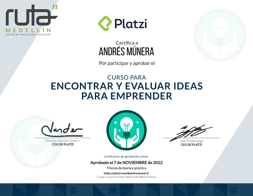 Diploma del Curso para Encontrar y Evaluar Ideas para Emprender