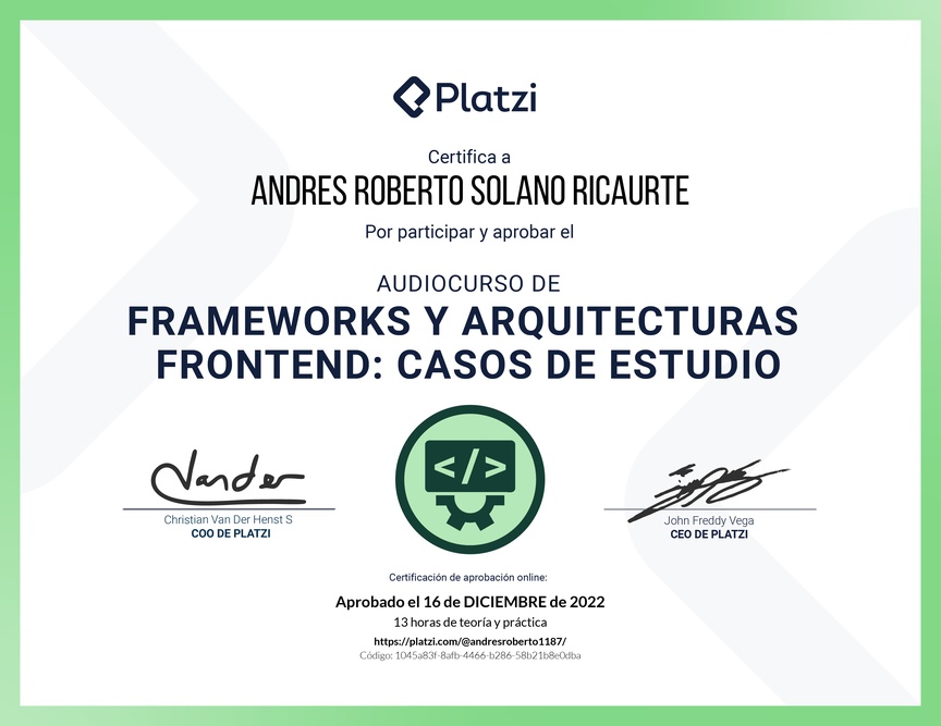Diploma de Audiocurso de Frameworks y Arquitecturas Frontend: Casos de Estudio