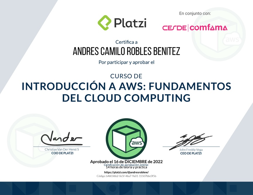Diploma del Curso de Introducción a AWS: Fundamentos de Cloud Computing